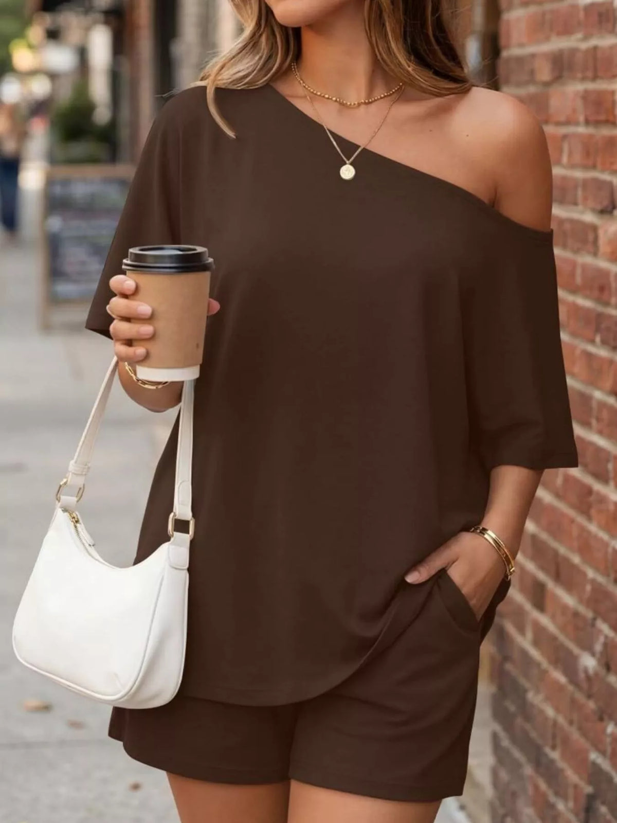 One-Shoulder Short Sleeve Top and Shorts Set - photo 10