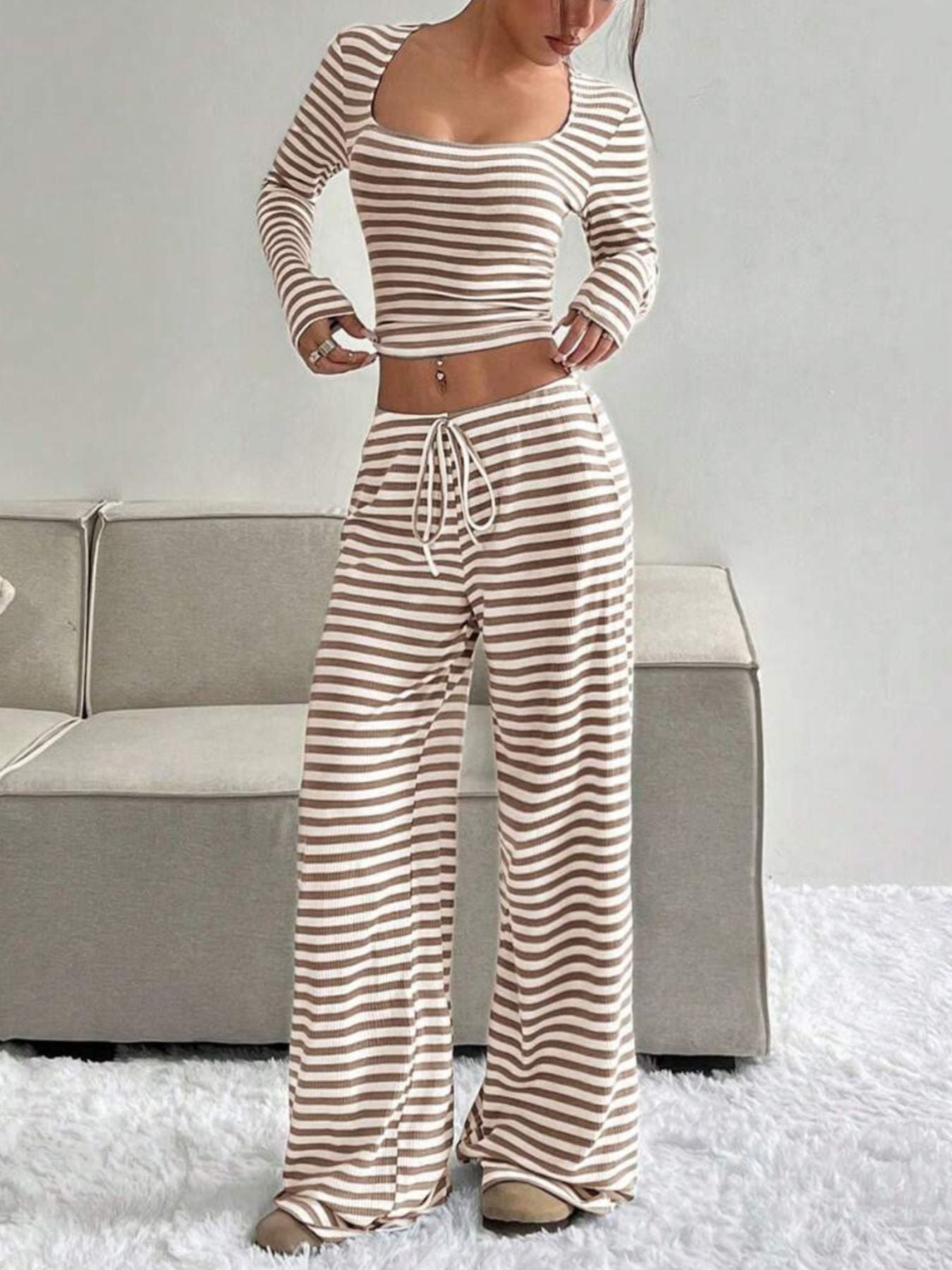 Striped Long Sleeve Crop Top & Wide Leg Pants Set Secondary image