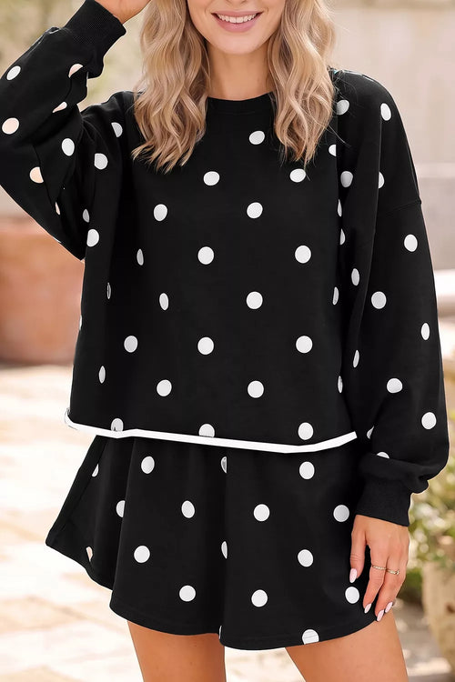 Polka Dot Raw Hem Relaxed Pullover Loose Skort Two Piece Set – Black
