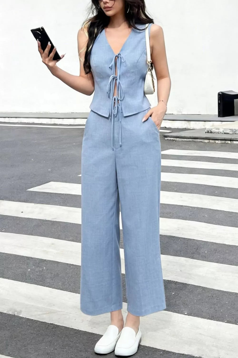 Tie Front Vest and Wide Leg Pants Set Secondary image