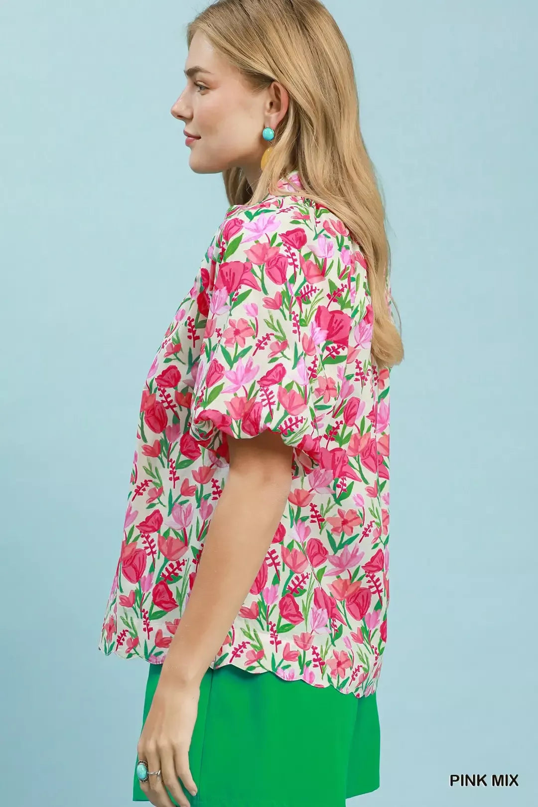 Umgee Floral Puff Sleeve Blouse with Scalloped Details Secondary image