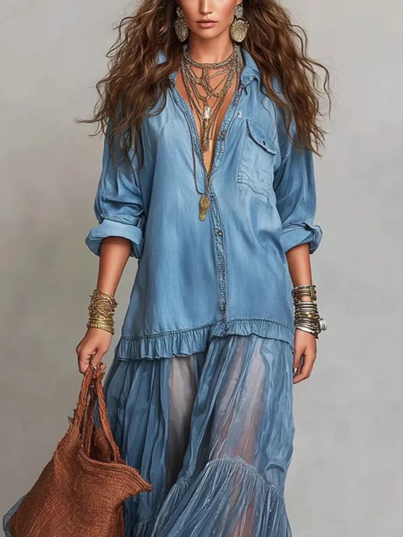 Long Sleeve Sheer Ruffle Maxi Dress Secondary image