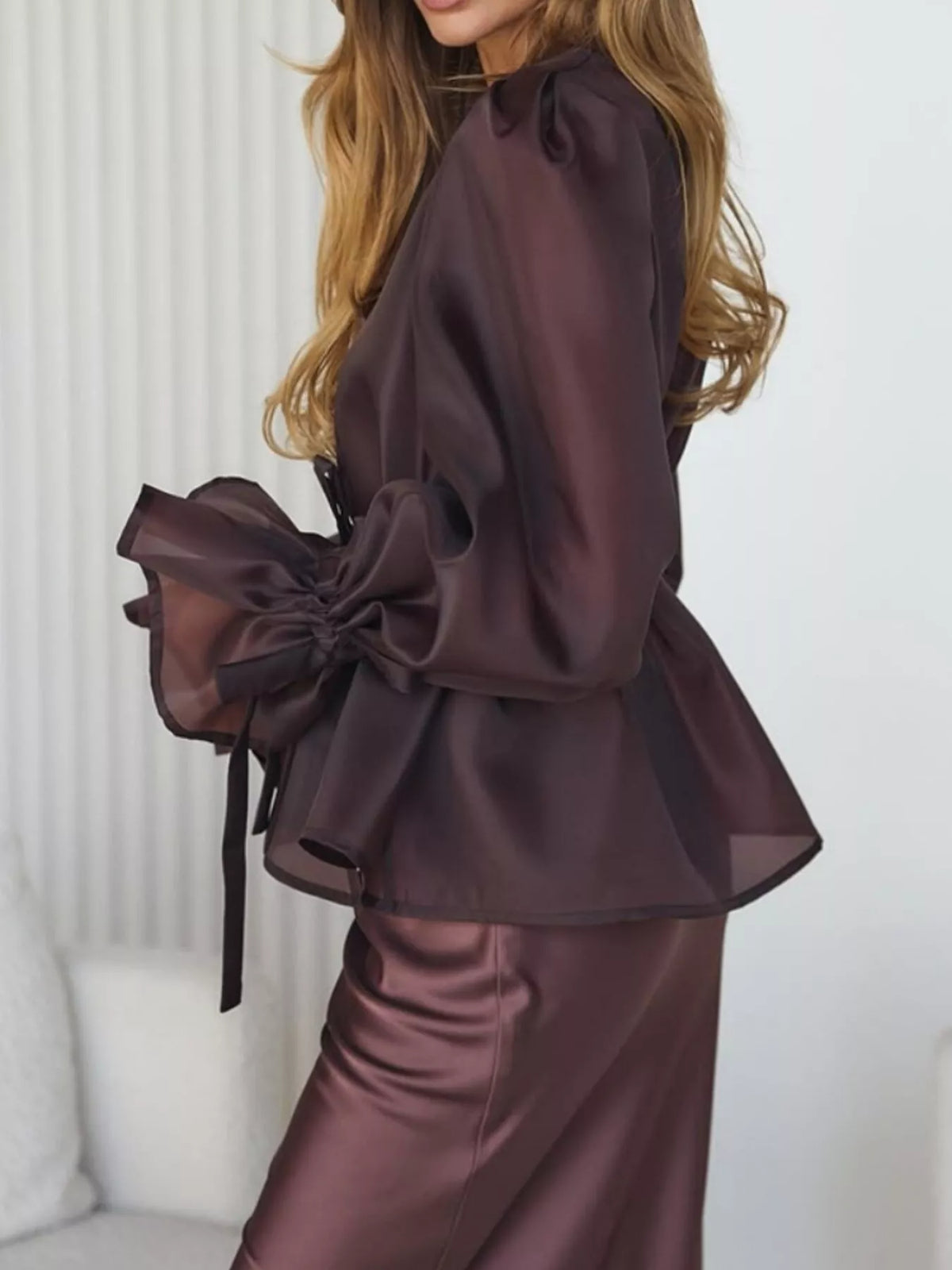 Flounce Sleeve Blouse and Satin Midi Skirt Two-Piece Set - photo 6