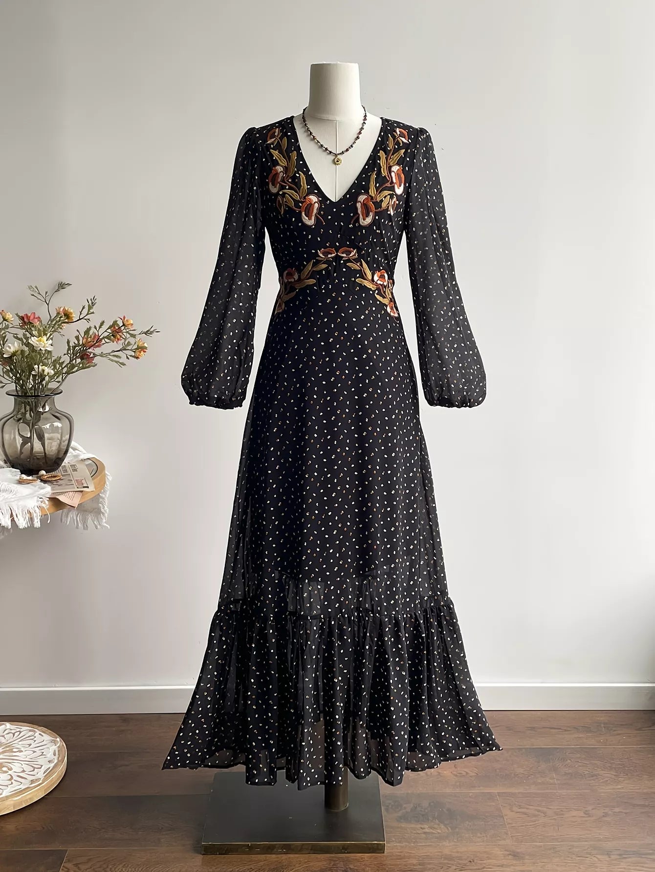 Plus Size Floral Embroidered Polka Dot Maxi Dress Secondary image