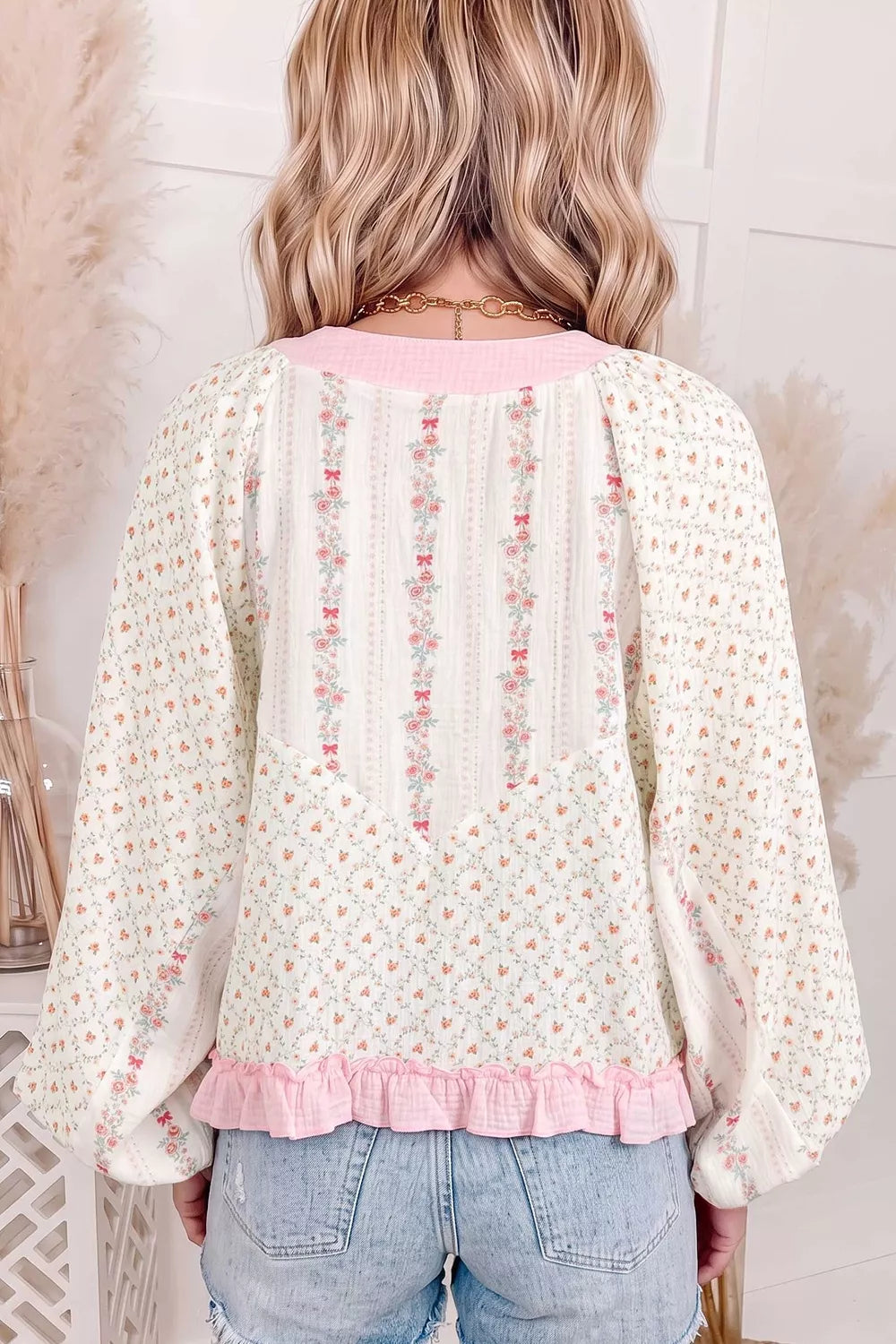 Floral Print Lace-Up Front Blouse with Ruffle Hem Secondary image