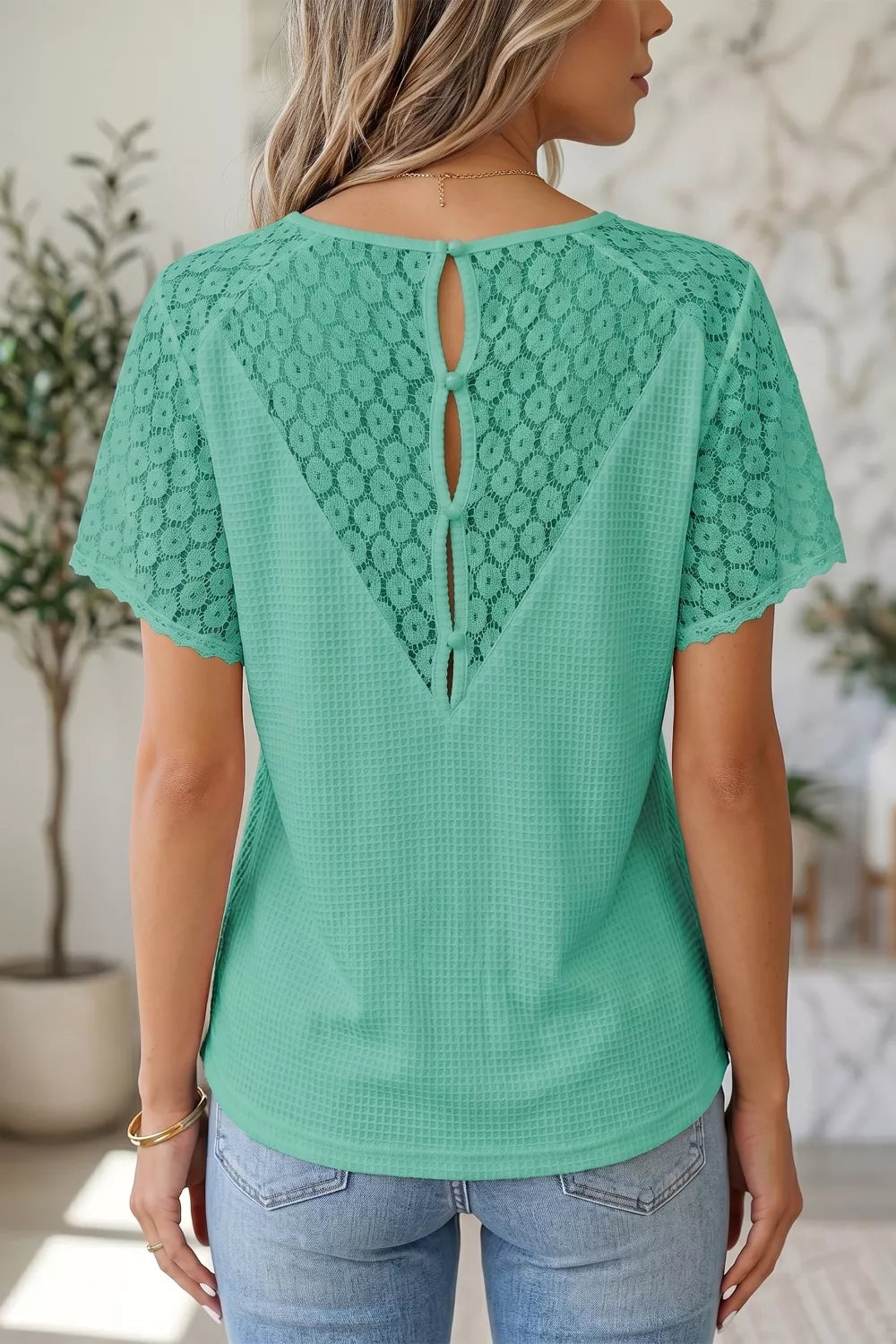 Lace Splicing Button Cutout V Neck Waffle Knit Blouse Secondary image