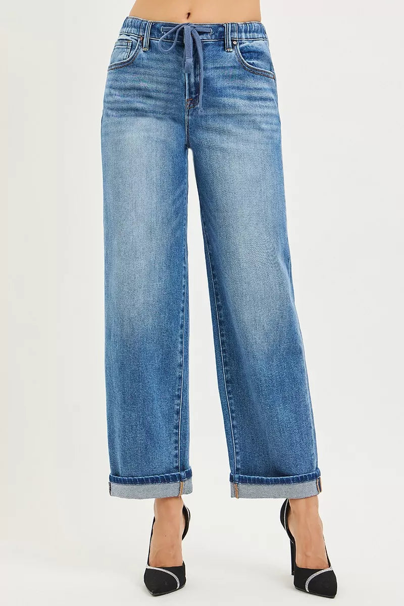 RISEN Elastic Band Slouch Ankle Boyfriend Cuffed Hem Jeans Secondary image
