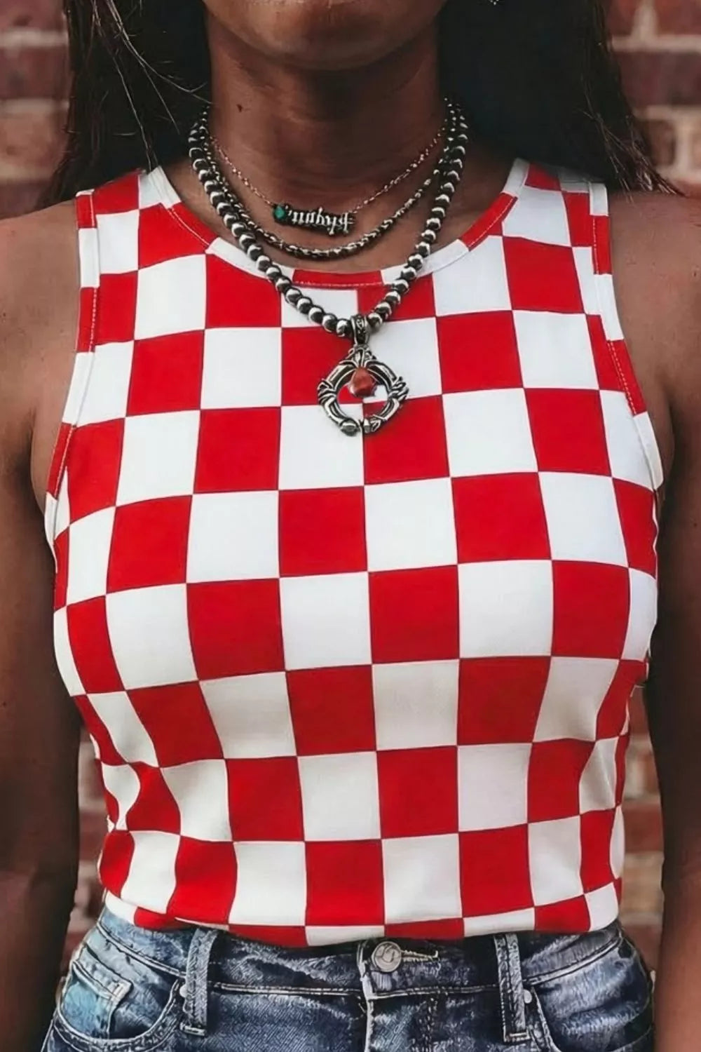 Checkered Print Round Neck Tank Secondary image