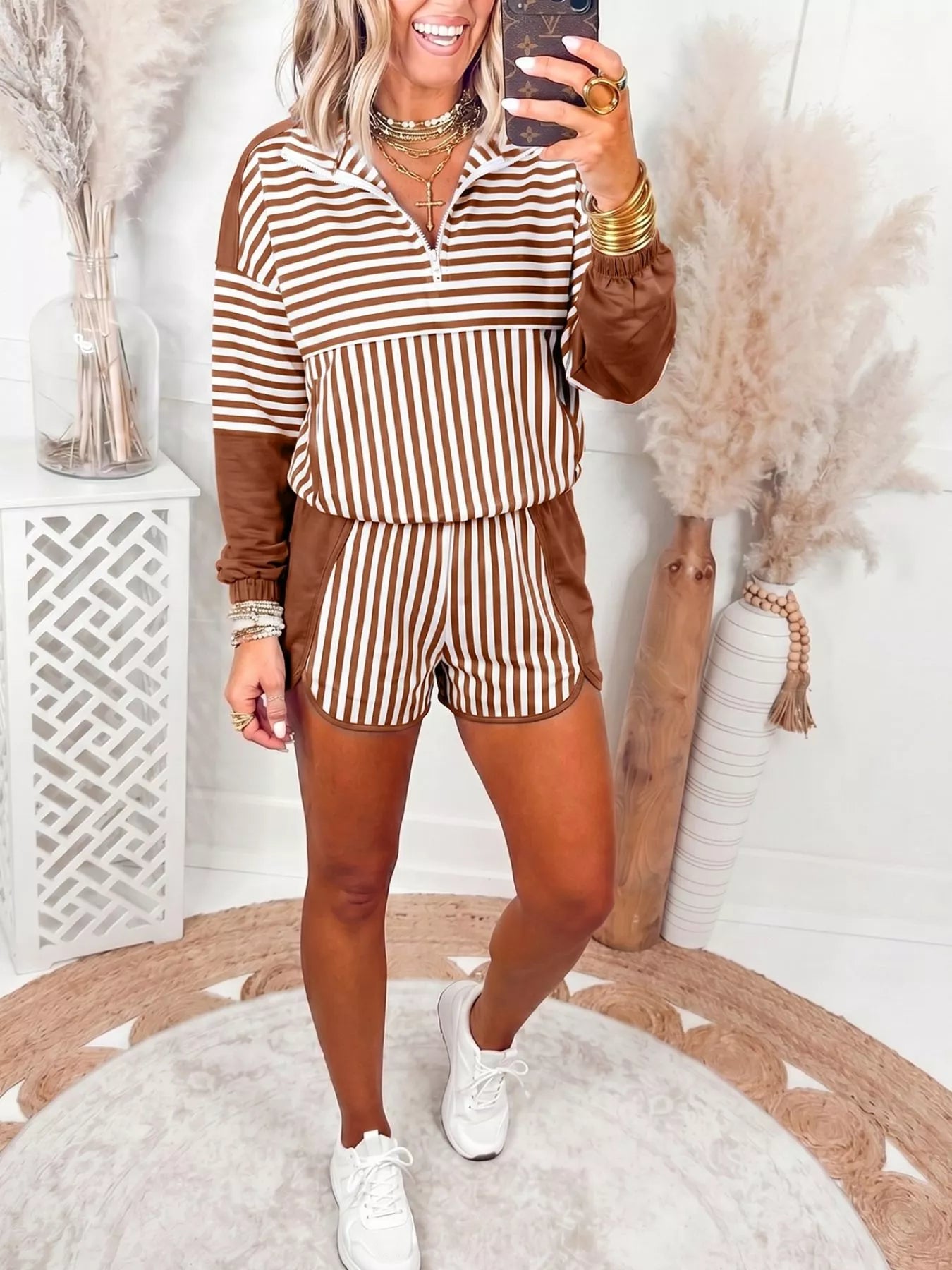 Stripe Color Block Patchwork Quarter Zip Pullover Sporty Shorts Set Secondary image