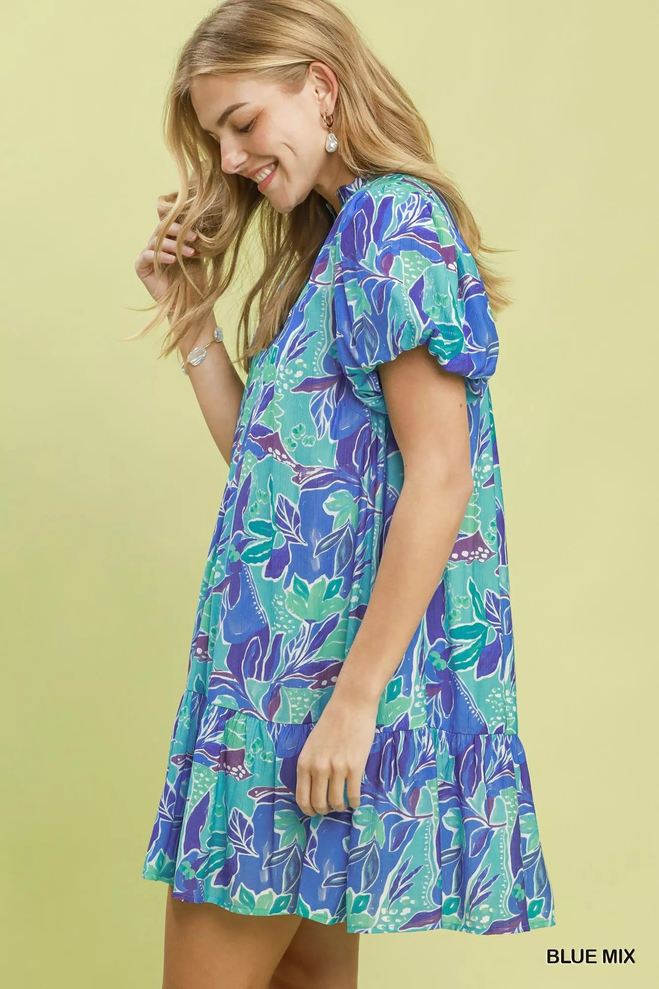 Umgee Tropical Floral Puff Sleeve Tiered Mini Dress Secondary image