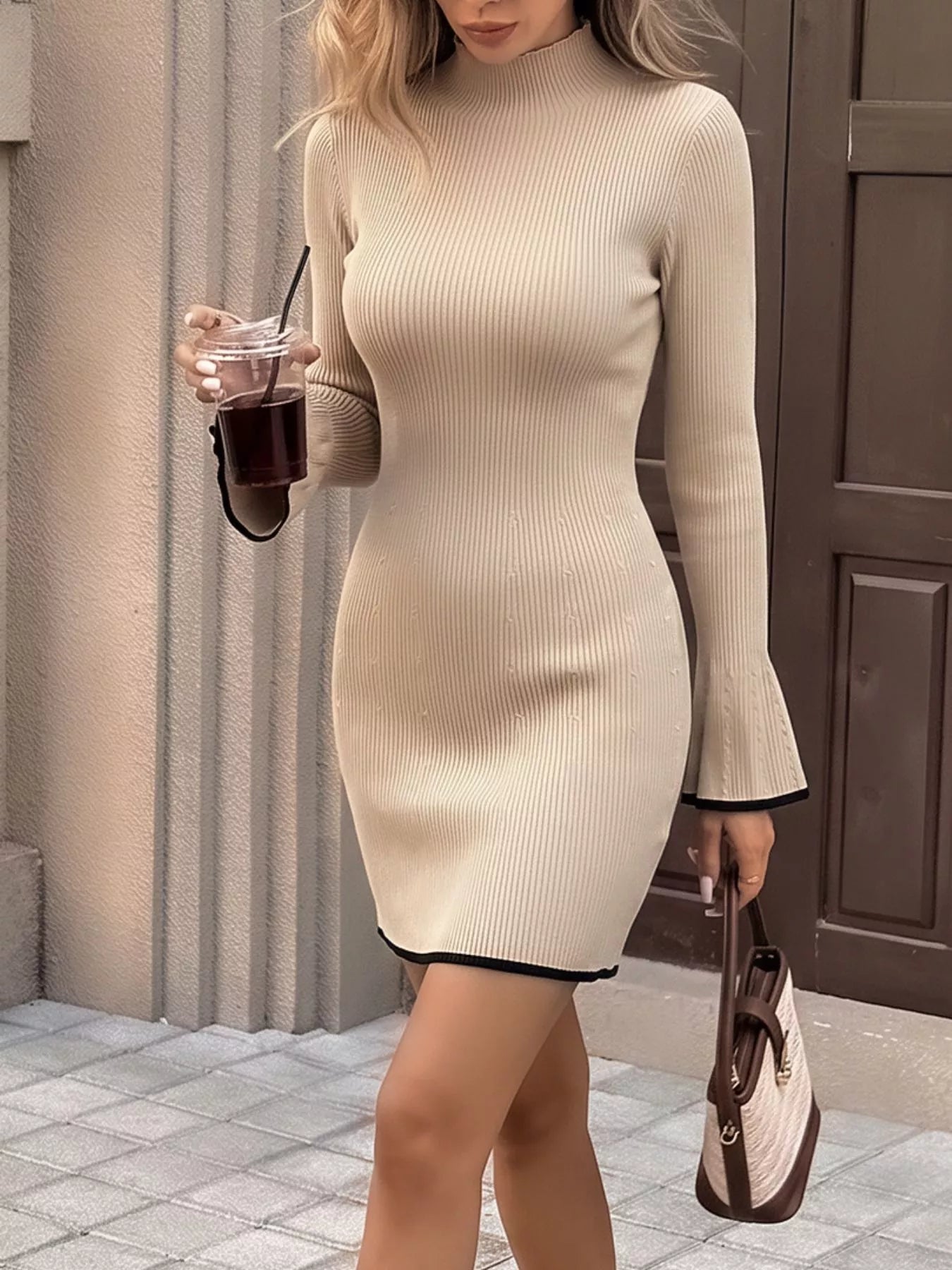 Ribbed Mock Neck Flare Sleeve Sweater Dress Secondary image