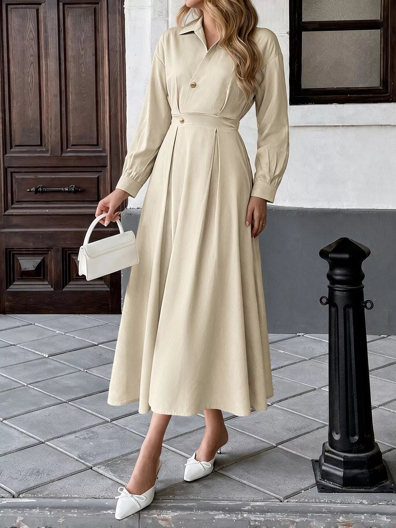 Pleated Button Detail Long Sleeve Shirt Dress Secondary image