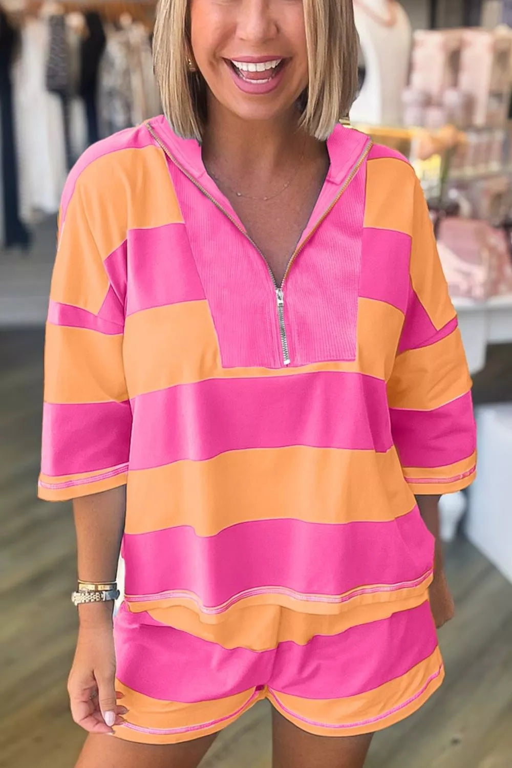 Stripe Long Sleeve Casual Top Drawstring Shorts 2pcs Set Secondary image