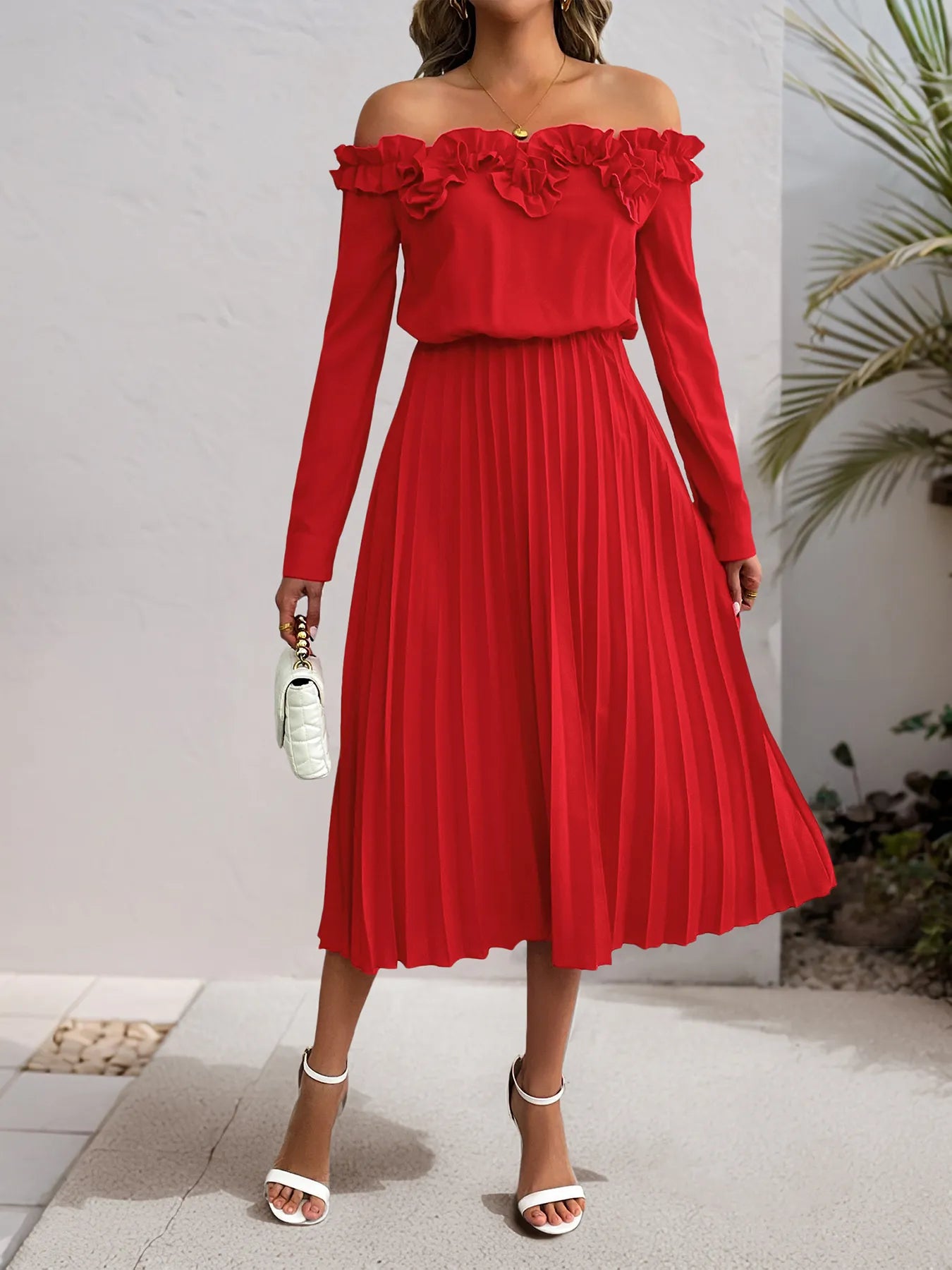 Off-Shoulder Ruffle Pleated Midi Dress Secondary image
