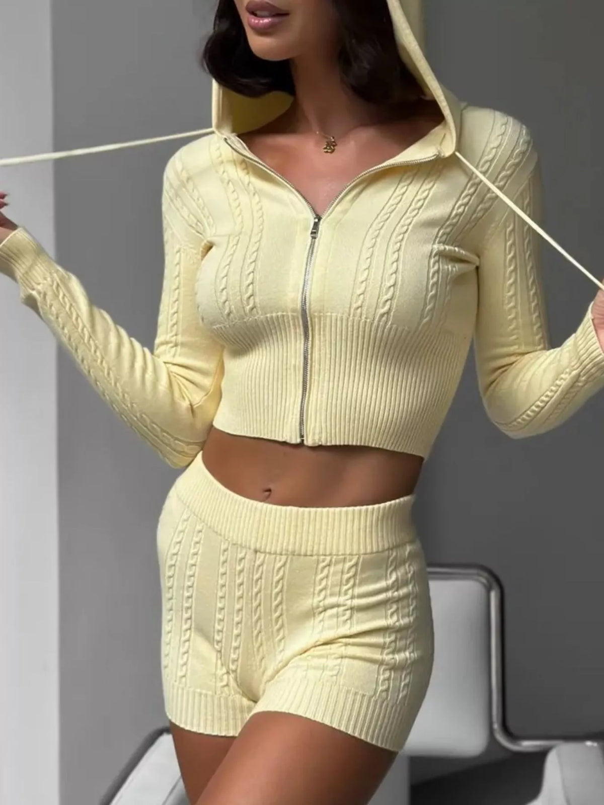 Cable Knit Zip-Up Hooded Top and Shorts Lounge Set - photo 11