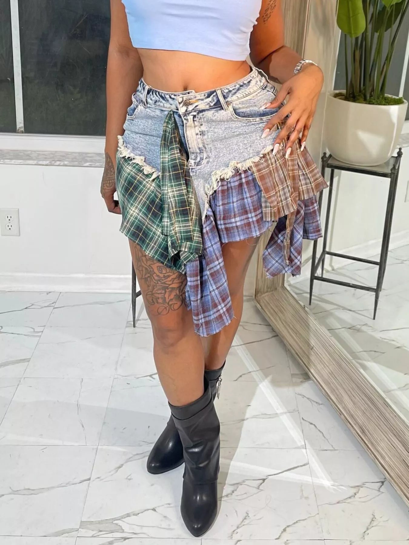 Asymmetrical Patchwork Plaid Denim Skirt Secondary image