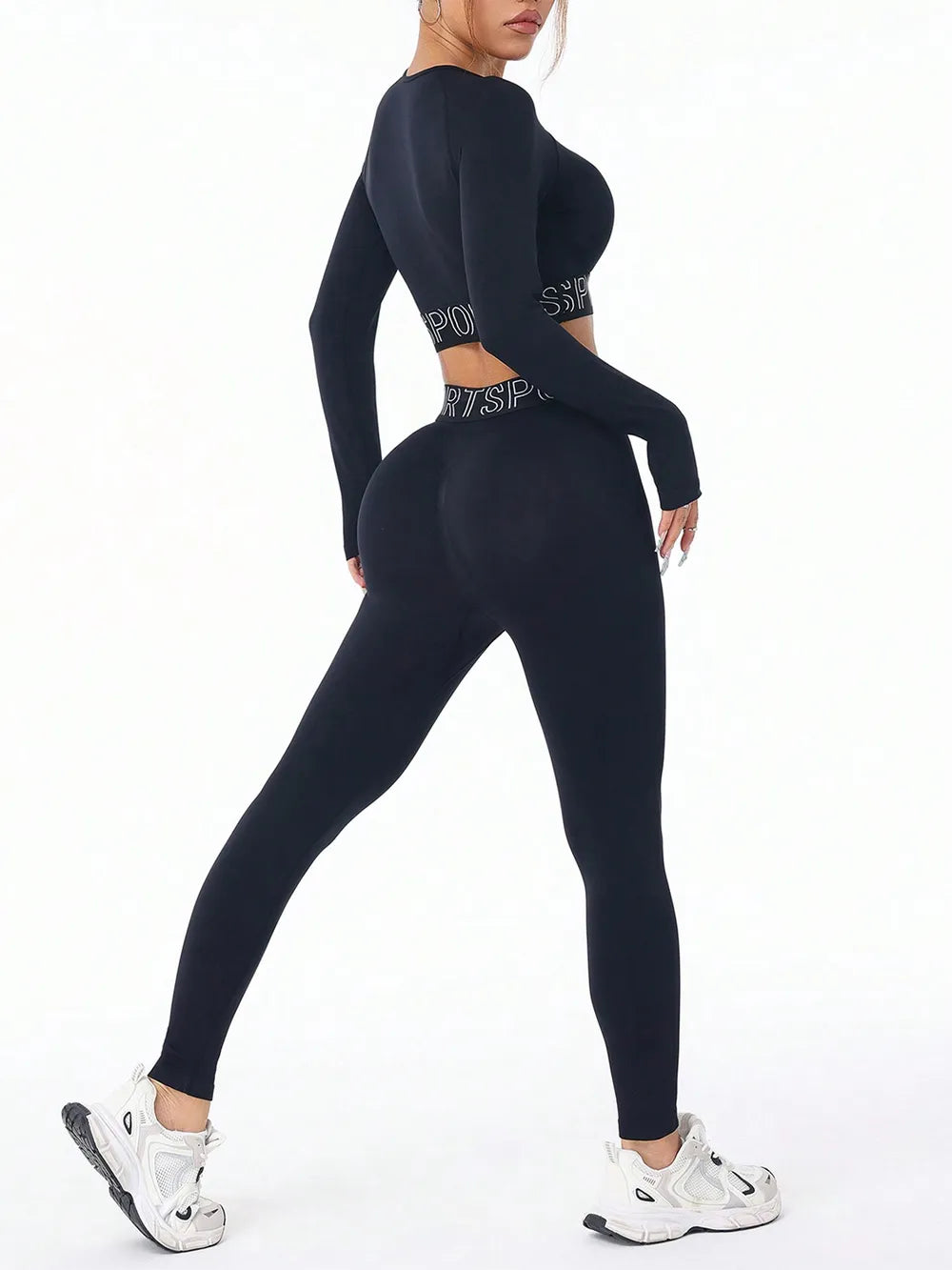 Letter Print Round Neck Long Sleeve Top and Leggings Active Set Secondary image