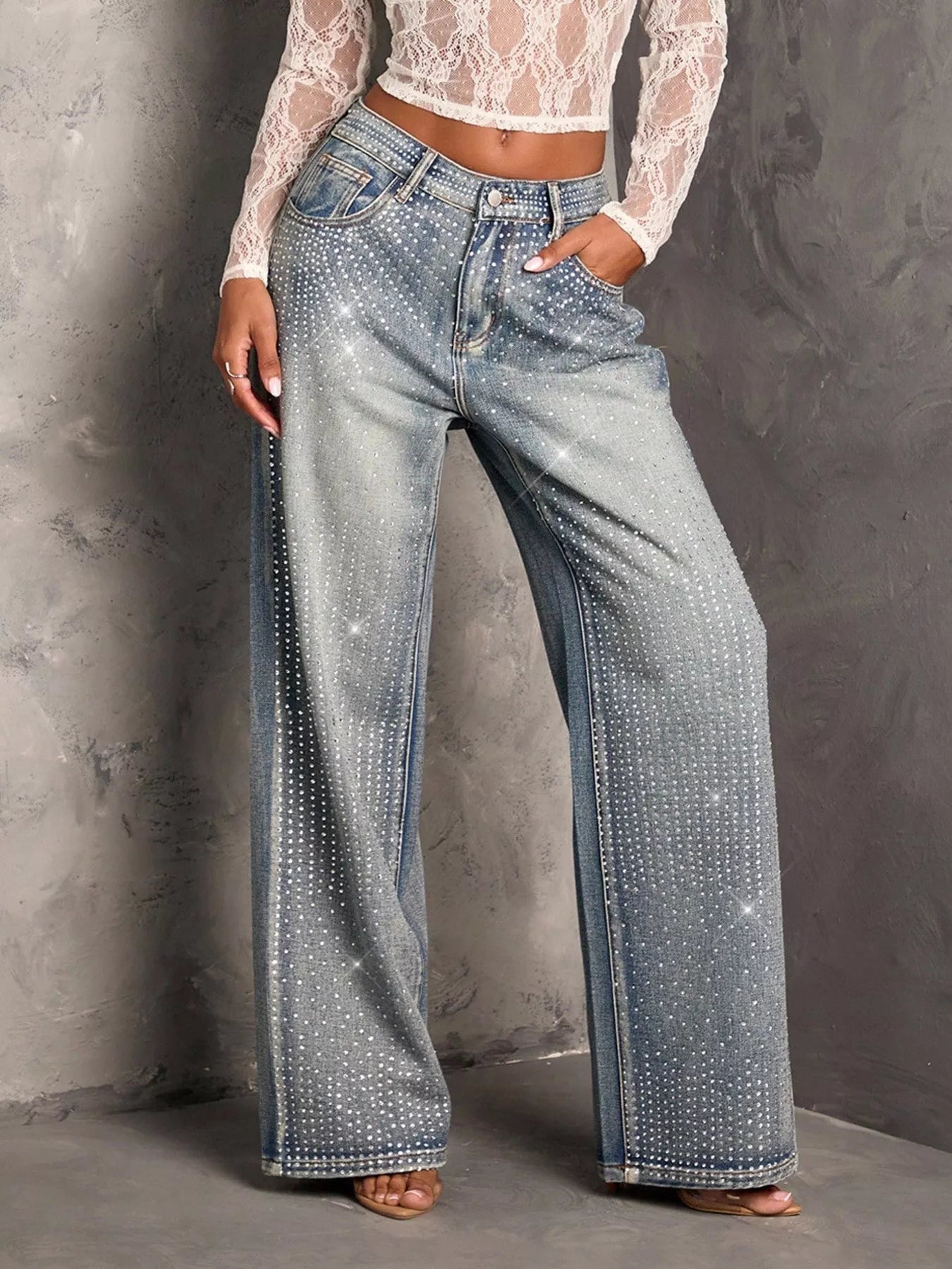 Rhinestone Wide-Leg Jeans Secondary image