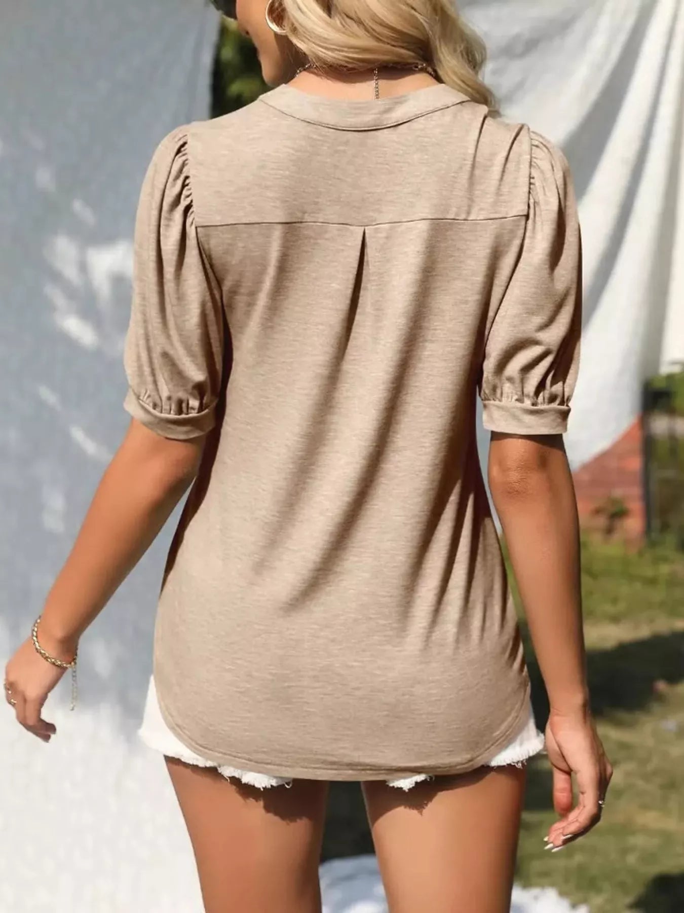 Puff Sleeve Notched Casual T-Shirt Secondary image