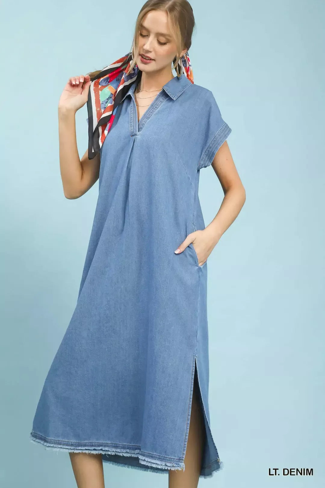 Umgee Stone Washed Collared Denim Midi Dress Secondary image