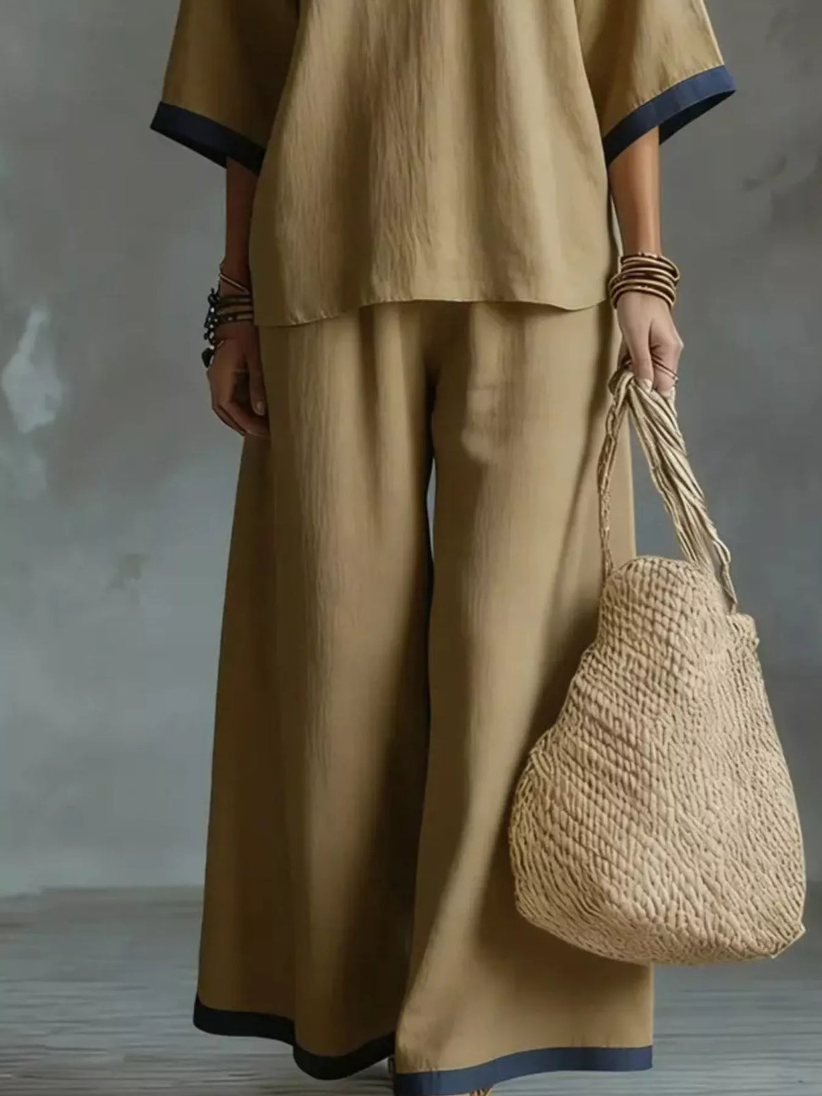 Full Size Contrast Trim V-Neck Top and Pants Set Plus Size - photo 6