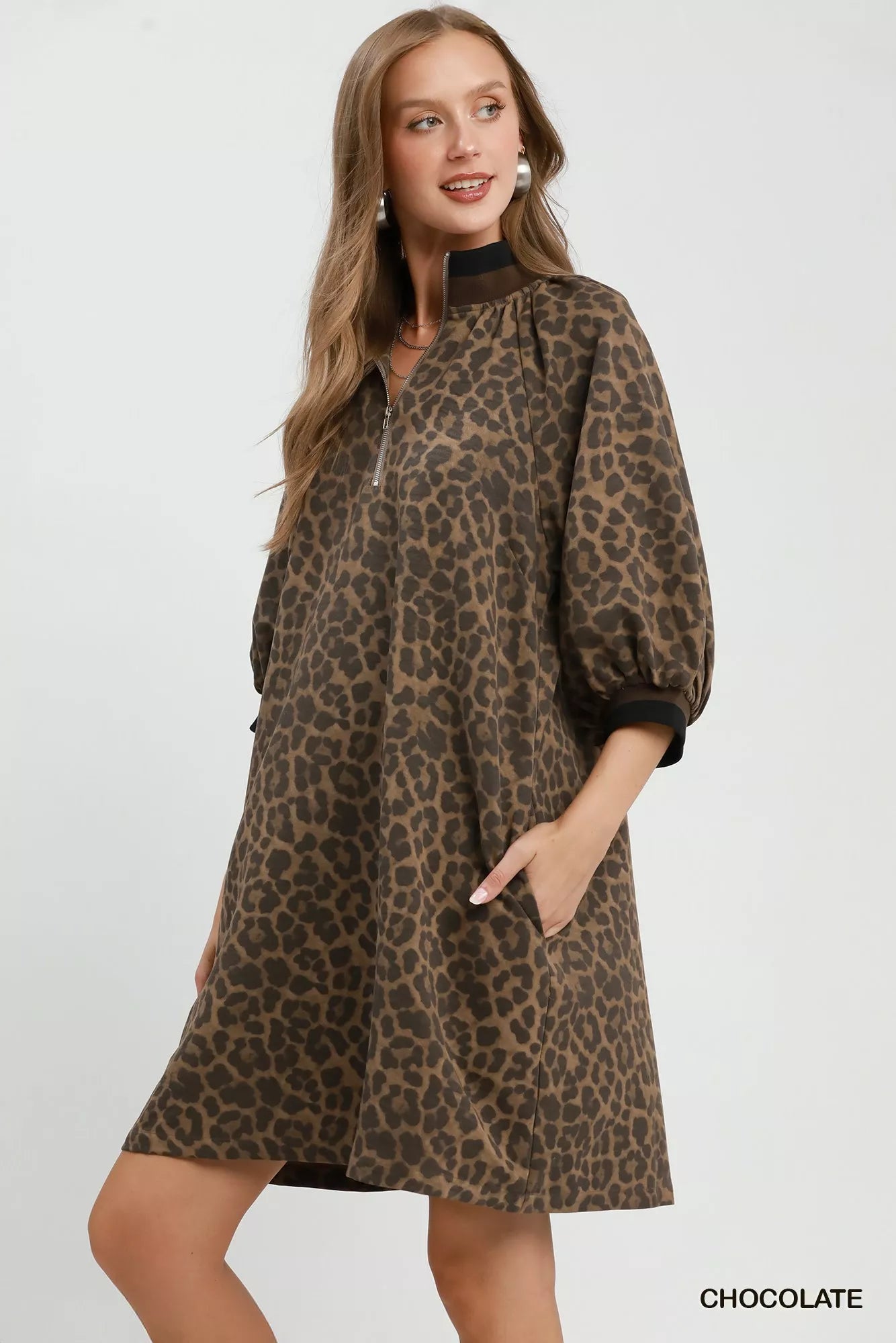 Umgee Leopard Print Quarter Zip Puff Sleeve Mini Dress Secondary image