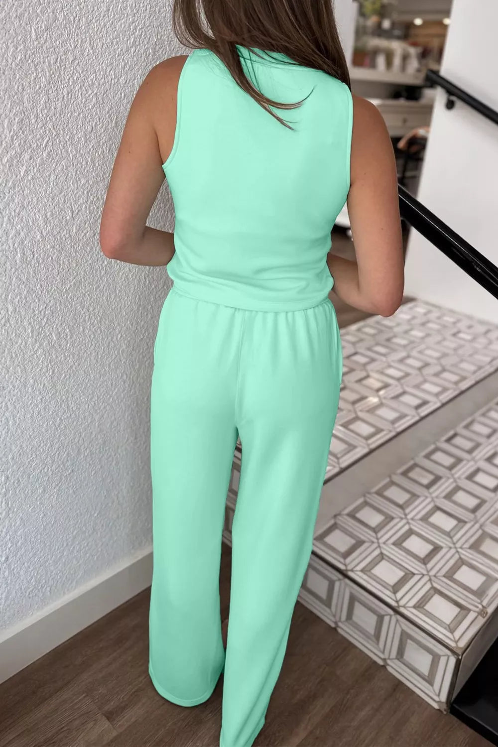 Drawstring Elastic Waistband Solid Color Two Piece Casual Set Secondary image