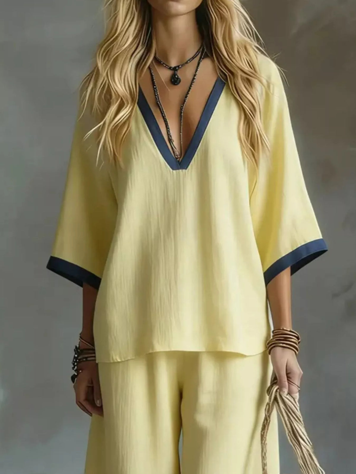 Full Size Contrast Trim V-Neck Top and Pants Set Plus Size - photo 11