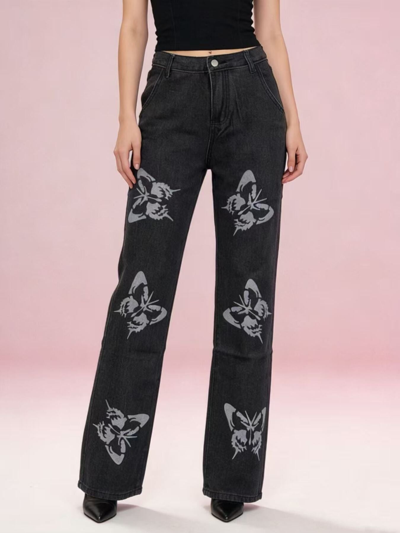 Butterfly Print High-Waisted Wide Leg Jeans Secondary image