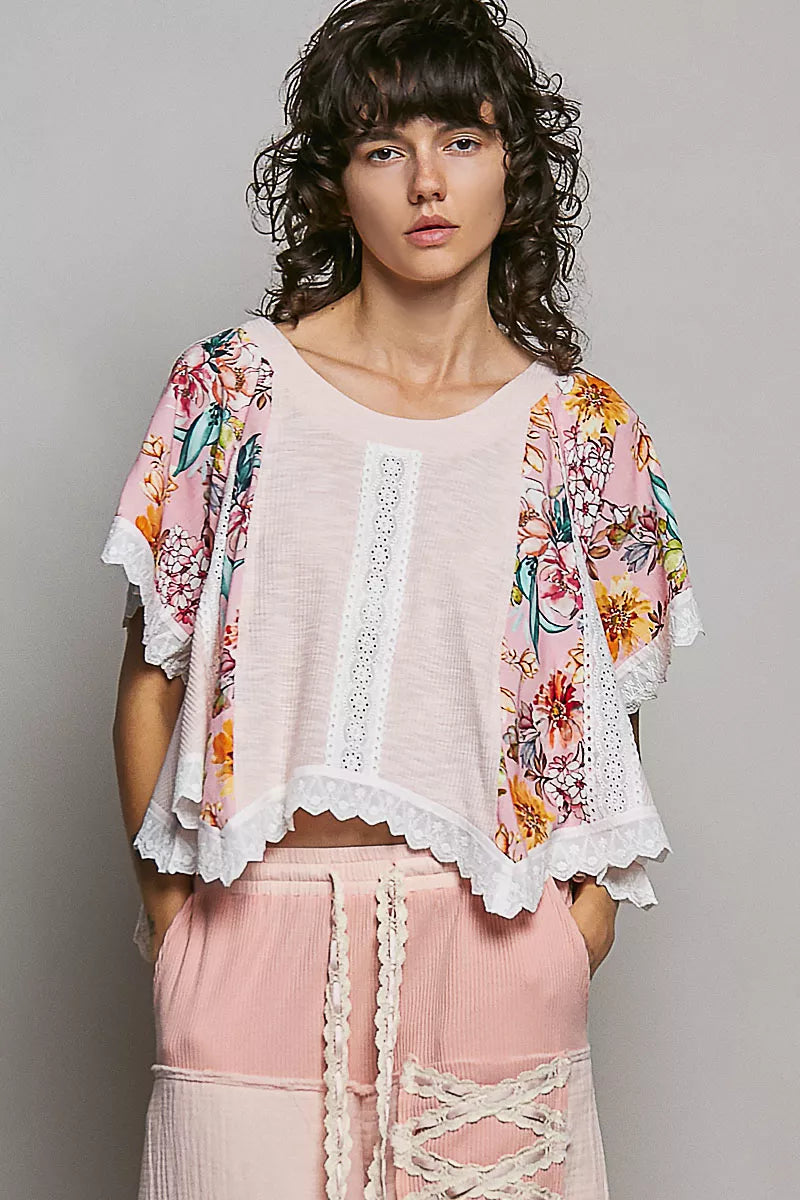 POL Round Neck Ribbed Cropped Top with Lace Detail Secondary image