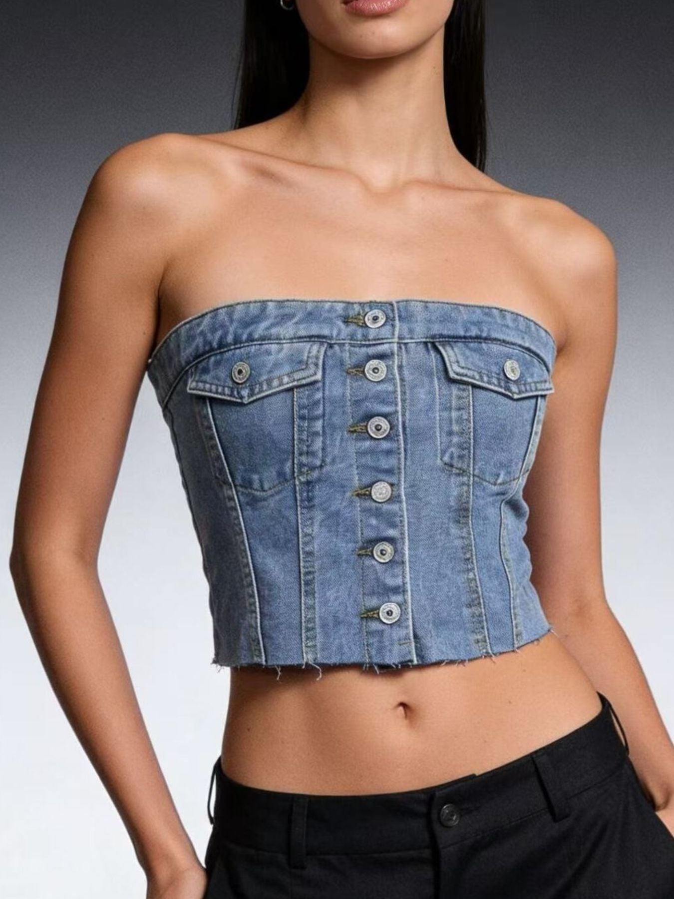 Button-Front Strapless Denim Top Secondary image