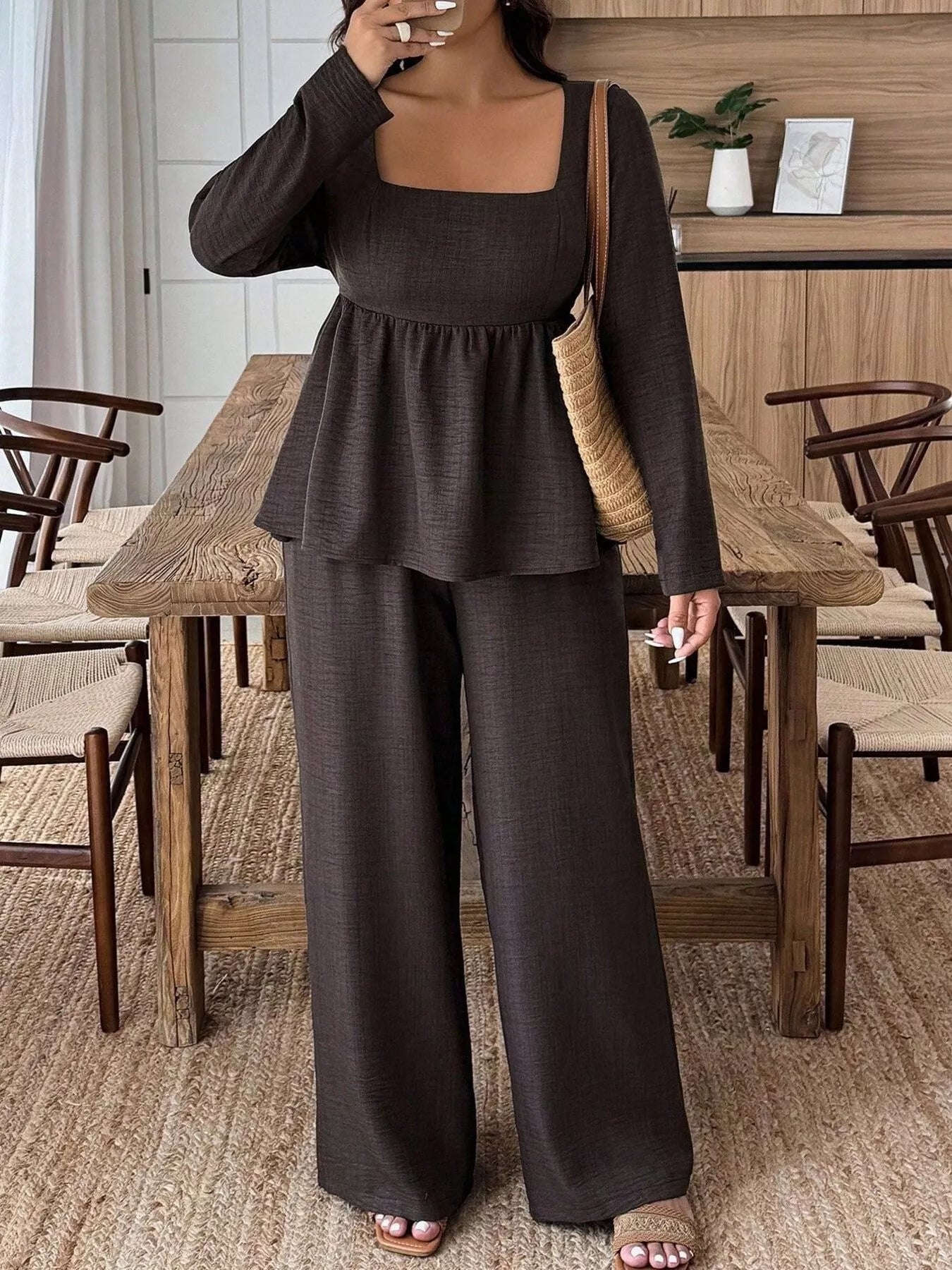 Plus Size Square Neck Long Sleeve Top and Pants Two-Piece Set Secondary image