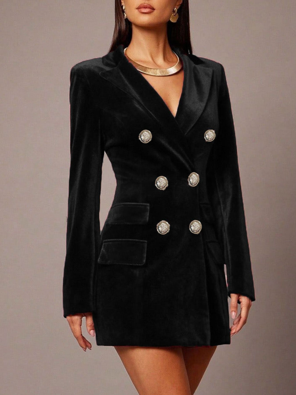 Velvet Double-Breasted Blazer Dress – Wine Red / Dark Green - photo 9