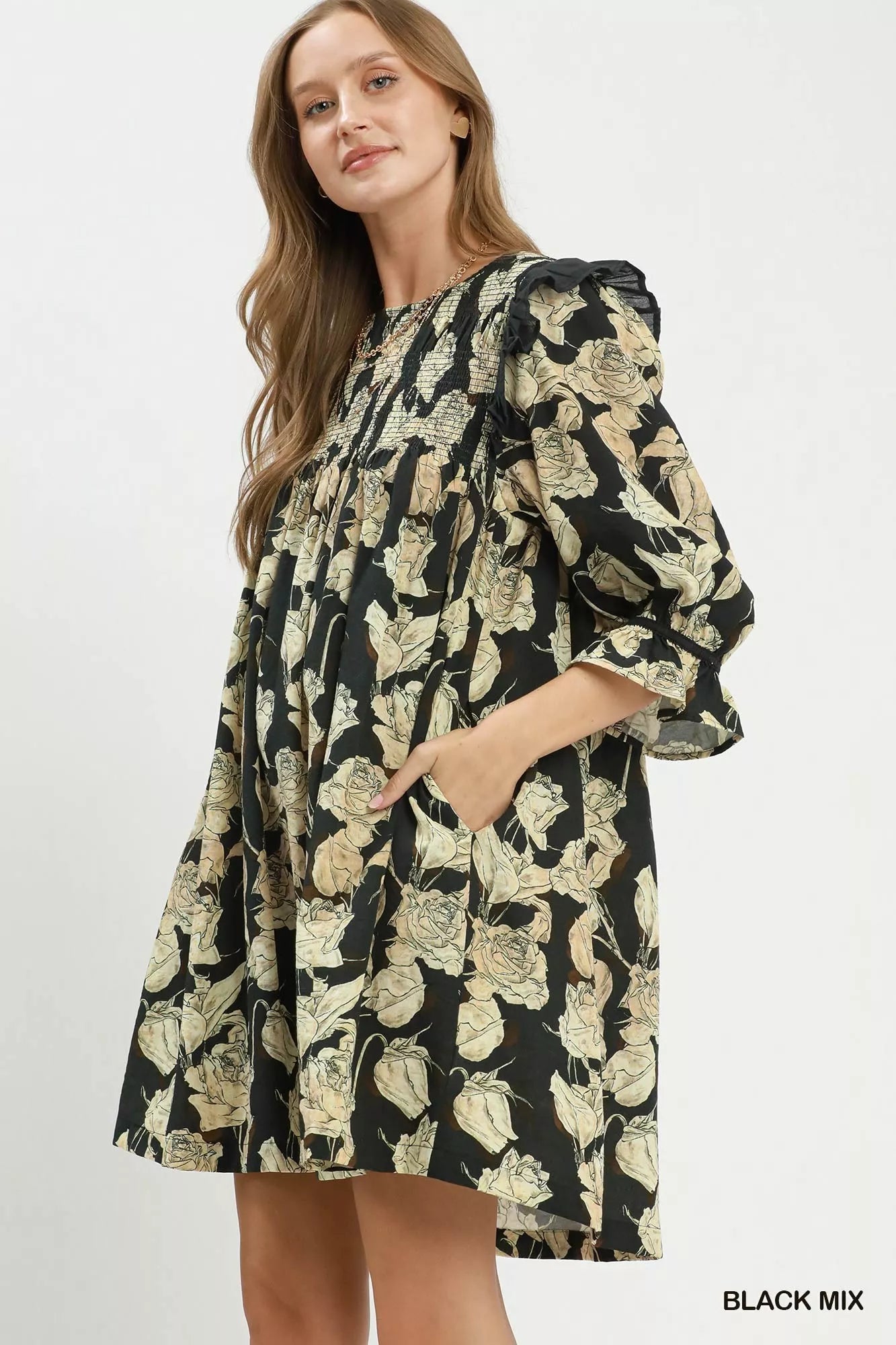 Umgee Mix Floral Print Smocked Ruffle Detail Flowy Dress Secondary image