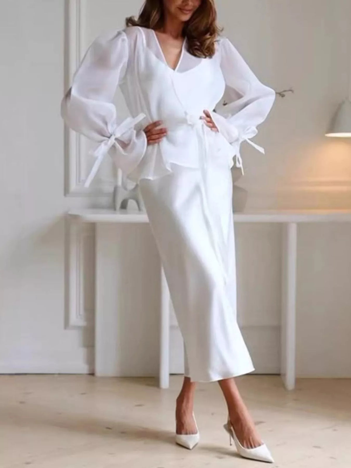 Flounce Sleeve Blouse and Satin Midi Skirt Two-Piece Set - photo 11