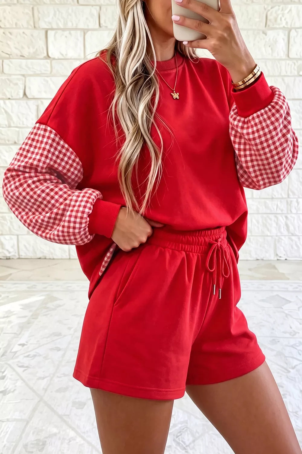 Gingham Patchwork Long Sleeve Sweatshirt and Shorts Set - photo 3