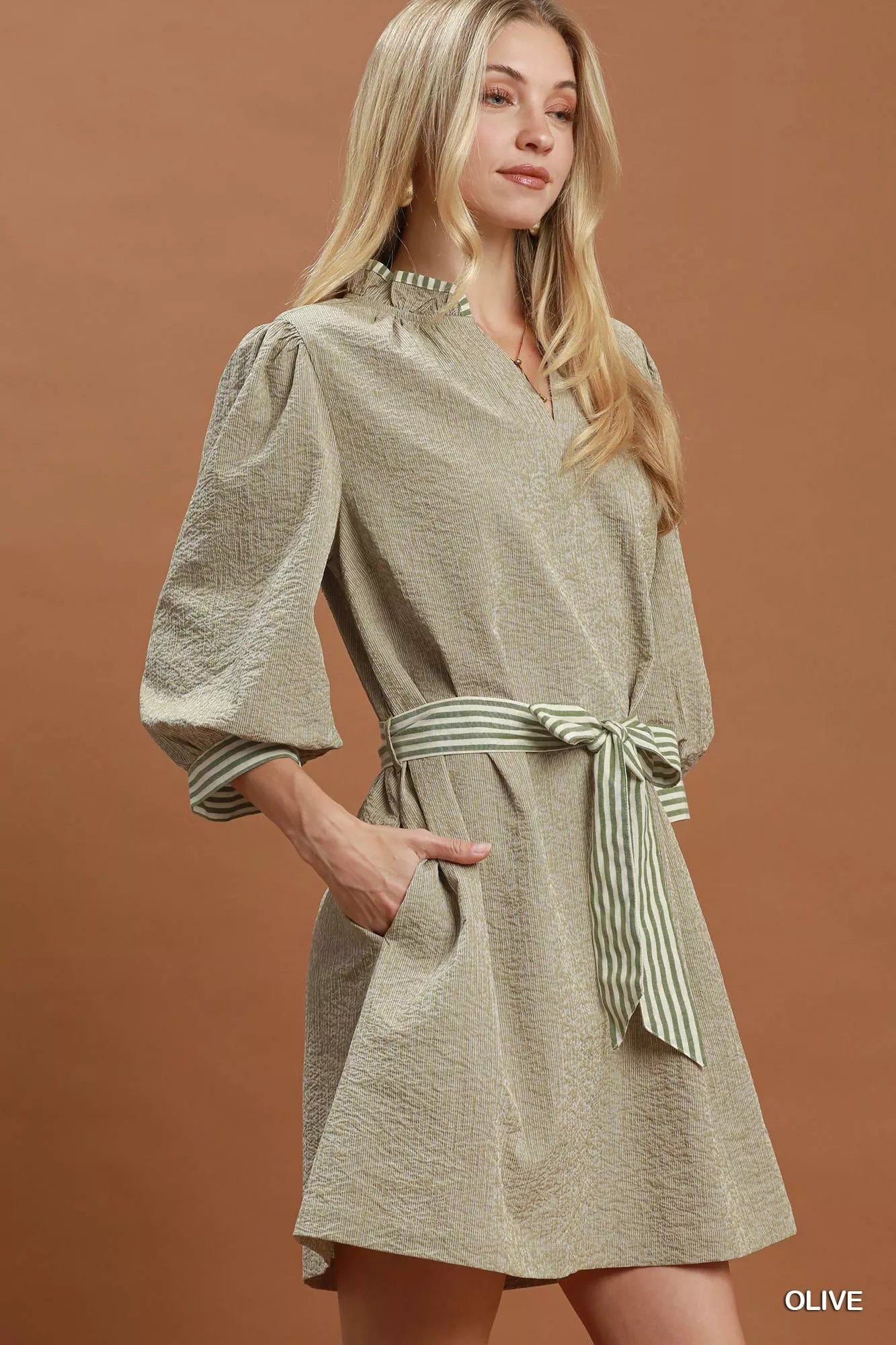 Umgee Textured Contrast Trim Tie Waist Mini Dress Secondary image