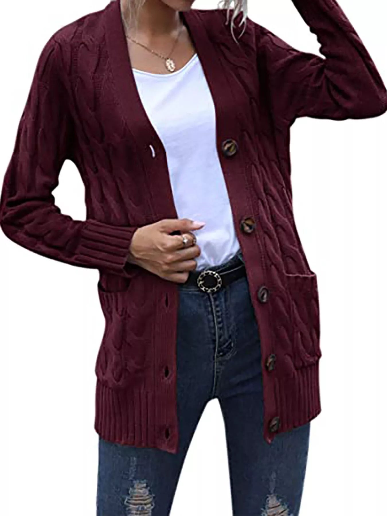 Full Size Chunky Cable Knit Button-Down Cardigan Plus Size Secondary image