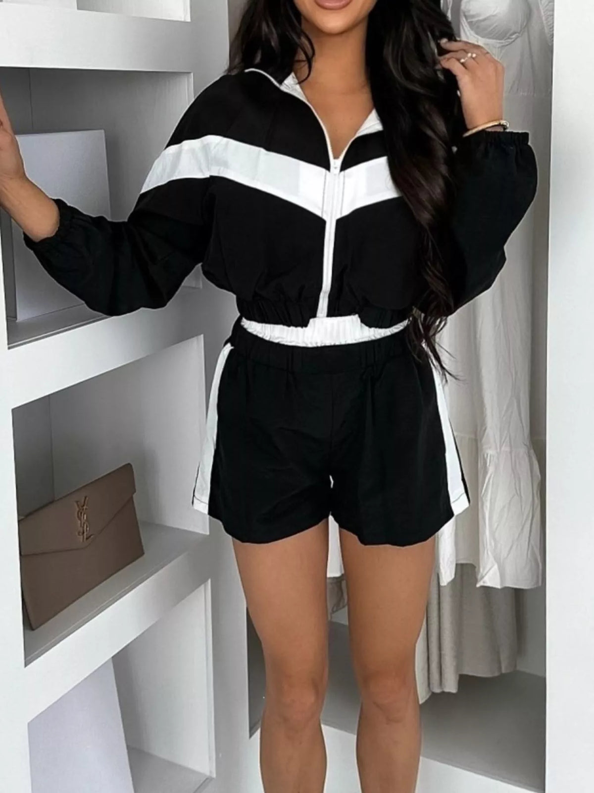 Color Block Zip-Up Jacket and Shorts Two-Piece Set - photo 3