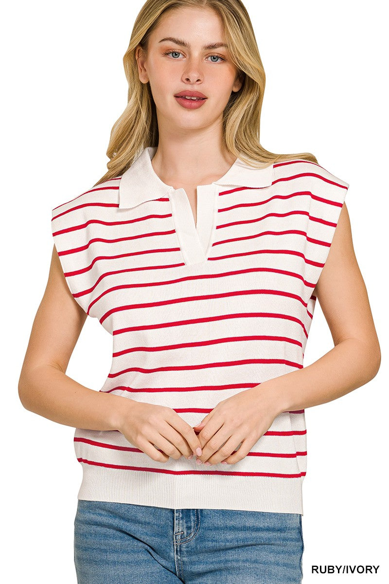 Zenana Viscose Striped Collared Sweater Vest Secondary image