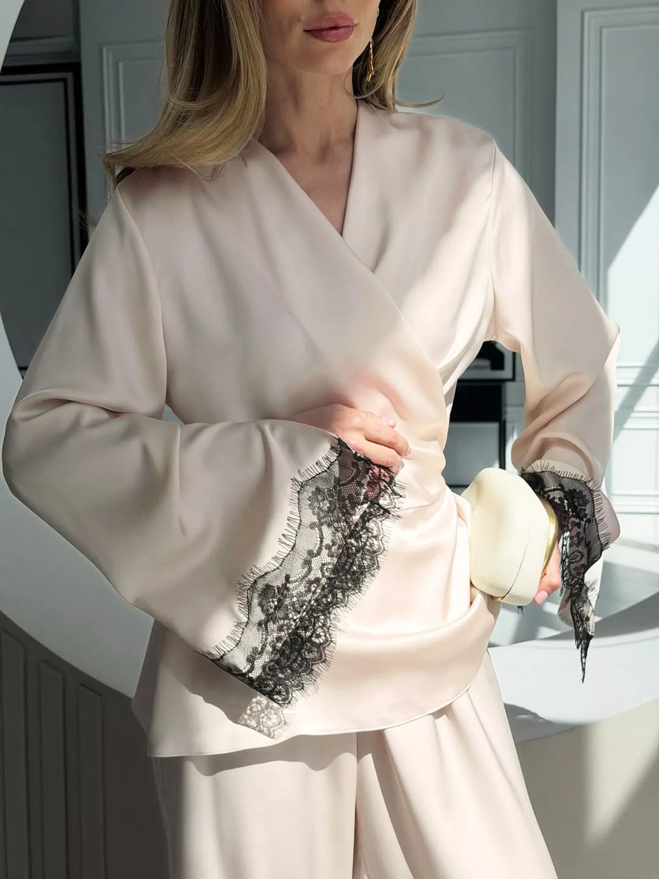 Lace Trim Wrap Top and Pants Set Secondary image