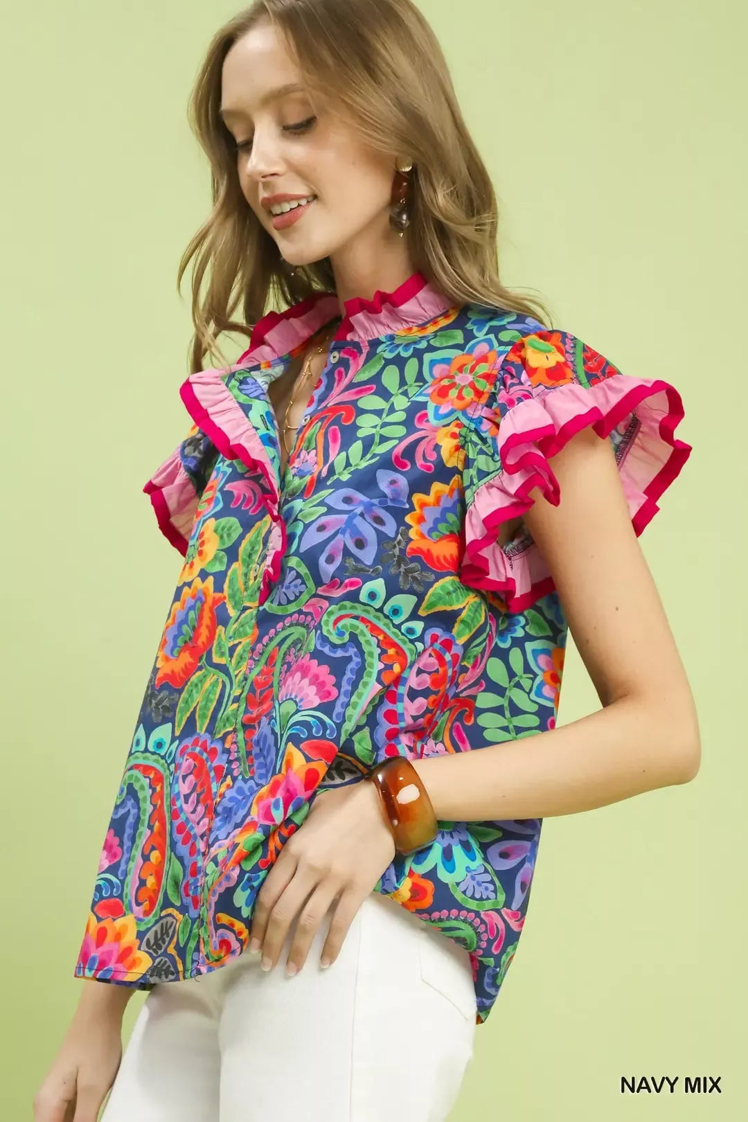 Umgee Ruffle Trim Paisley Floral Top Secondary image