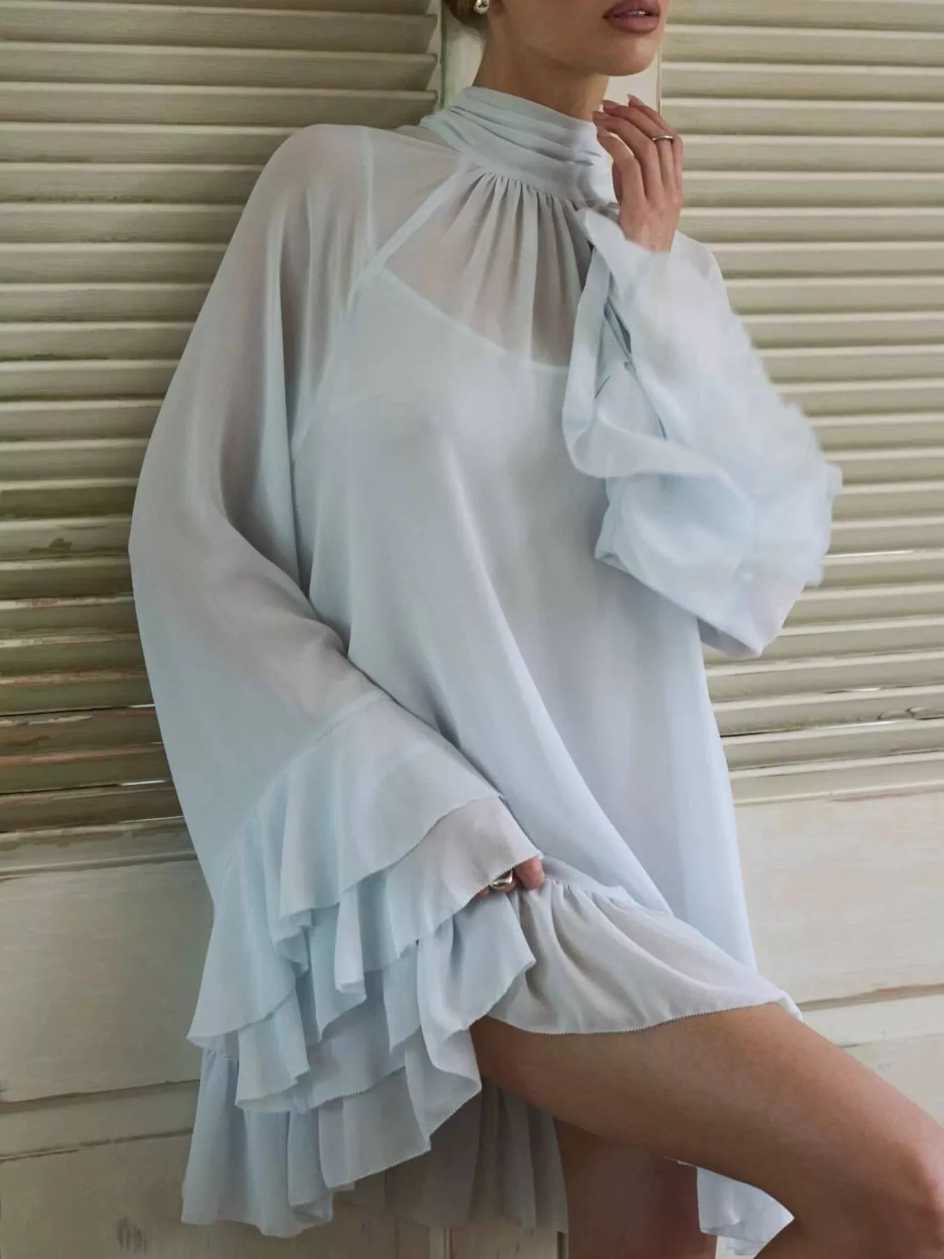 Sheer Mock Neck Flare Sleeve Dress Secondary image