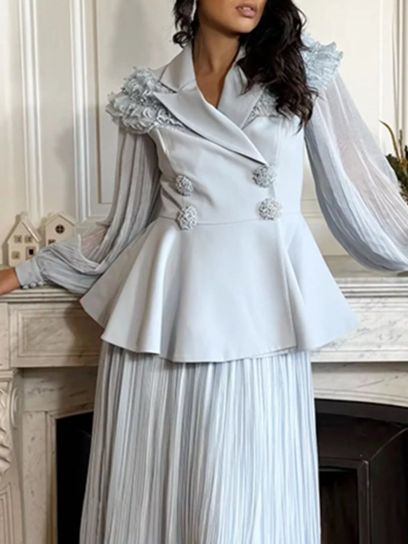 Frill Lapel Collar Top and Pleated Skirt Set Secondary image