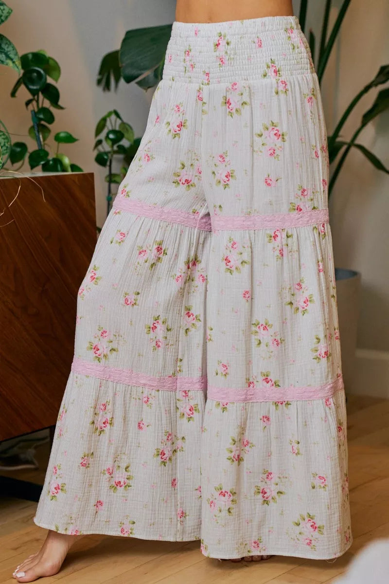 BiBi Rose Printed Gauze Trim Detail Smocked Maxi Pants Secondary image