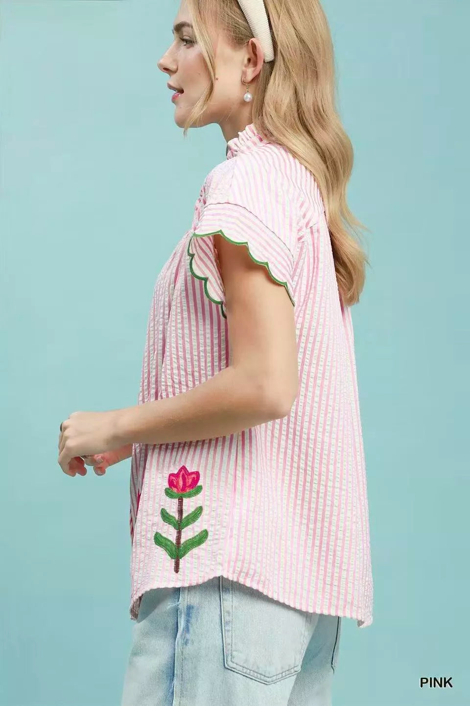 Umgee Embroidered Stripe Button Front Top Secondary image
