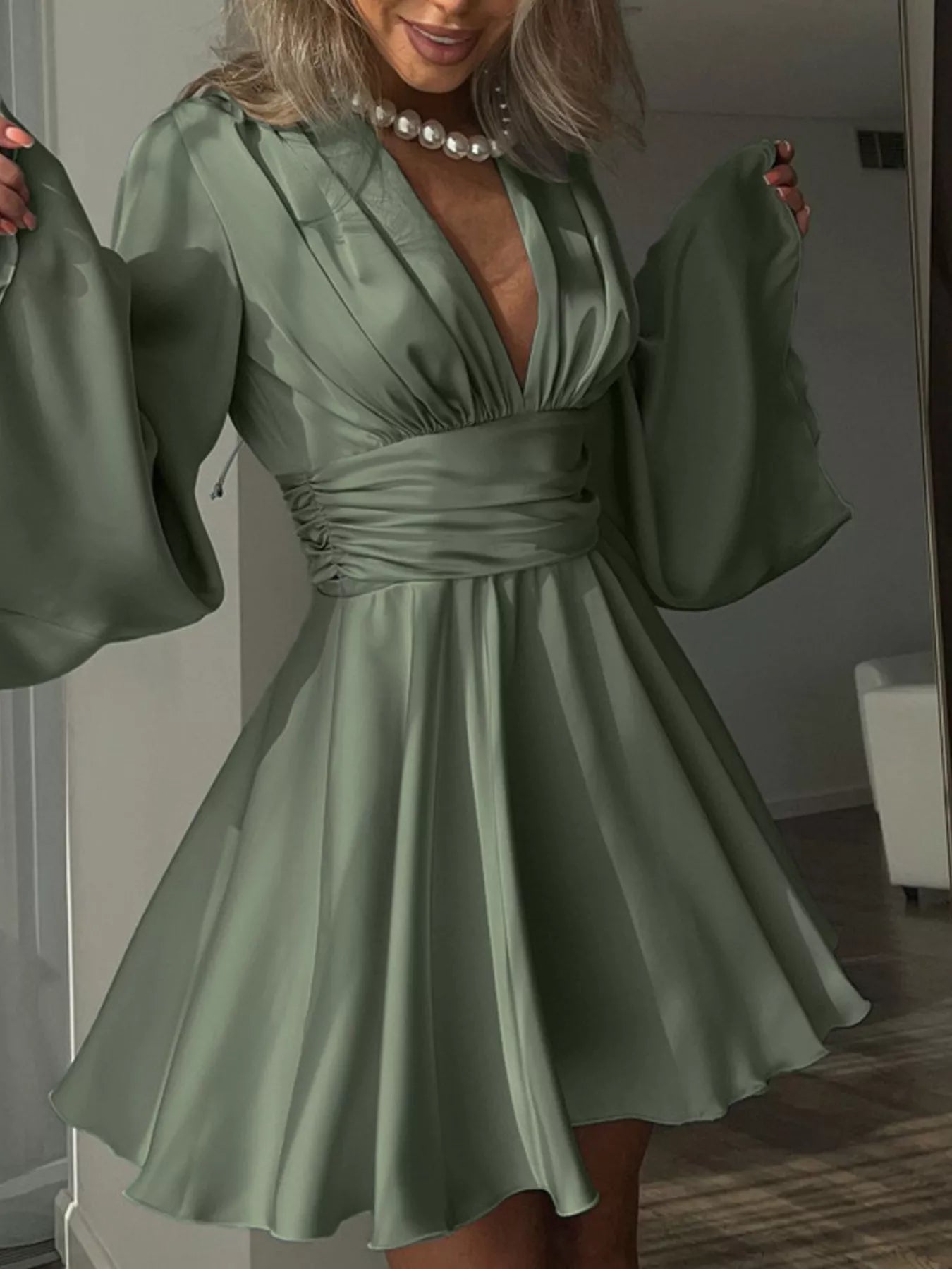 V-Neck Satin Mini Dress with Flowy Sleeves Secondary image