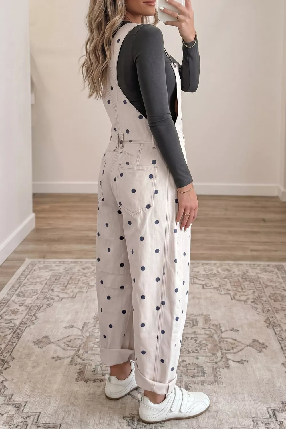 Polka Dot Print Bib Pocket Denim Barrel Overalls Jumpsuit Secondary image