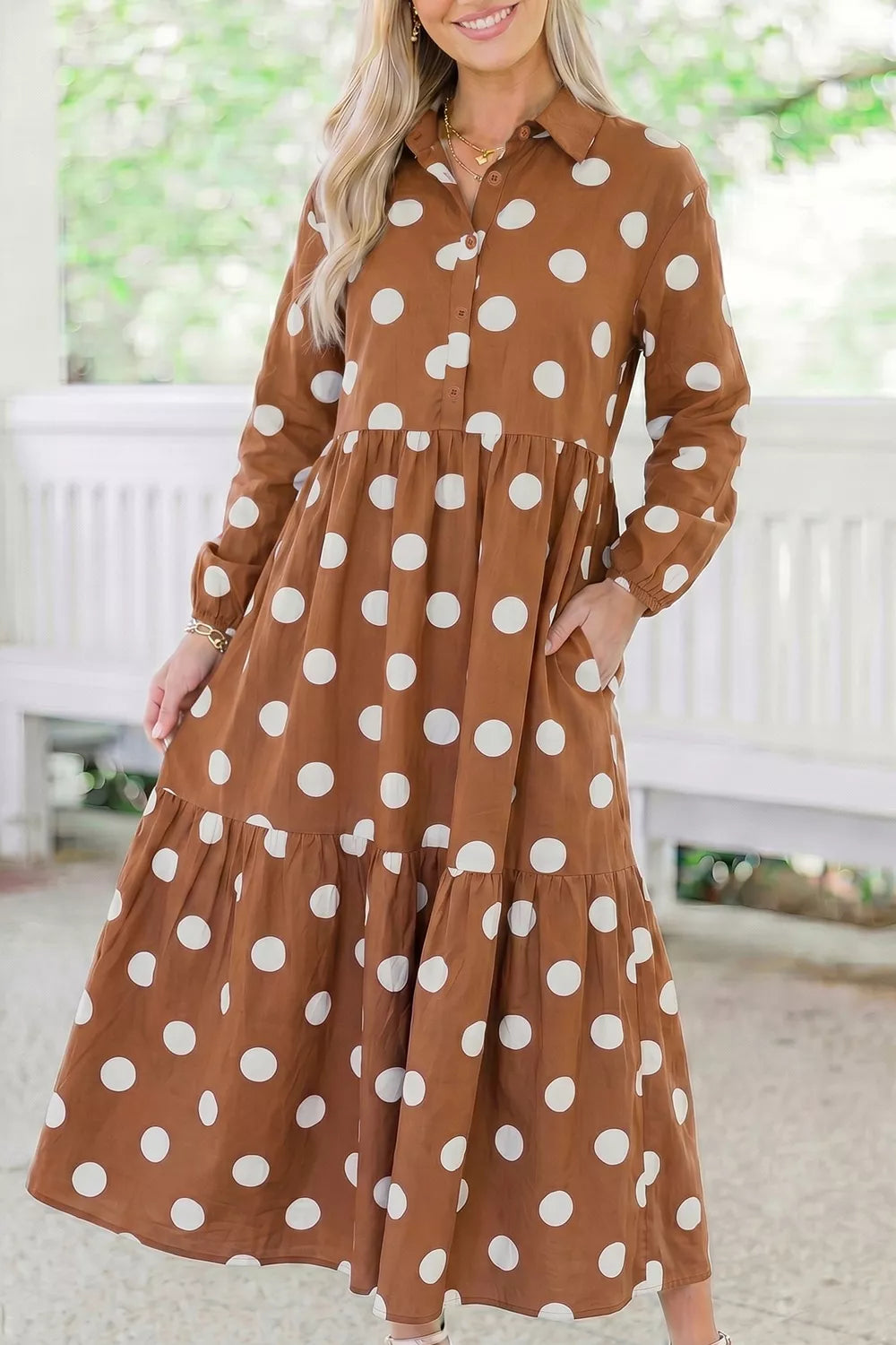 Polka Dot Button Front Long Sleeve Shift Dress Secondary image