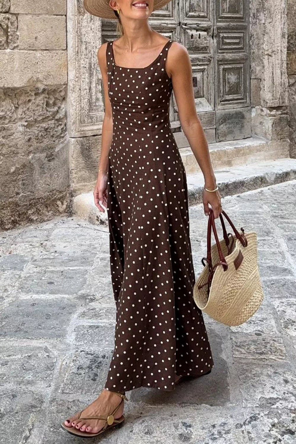 Polka Dot Print Square Neck Sleeveless Vacation Maxi Dress Secondary image